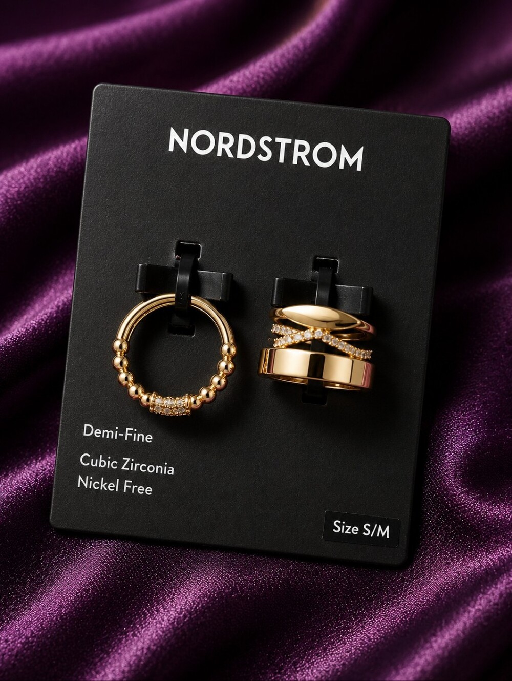 NWT Nordstrom Demi-Fine Gold Tone CZ Ring Set | 4 Adjustable Stack Rings | CC